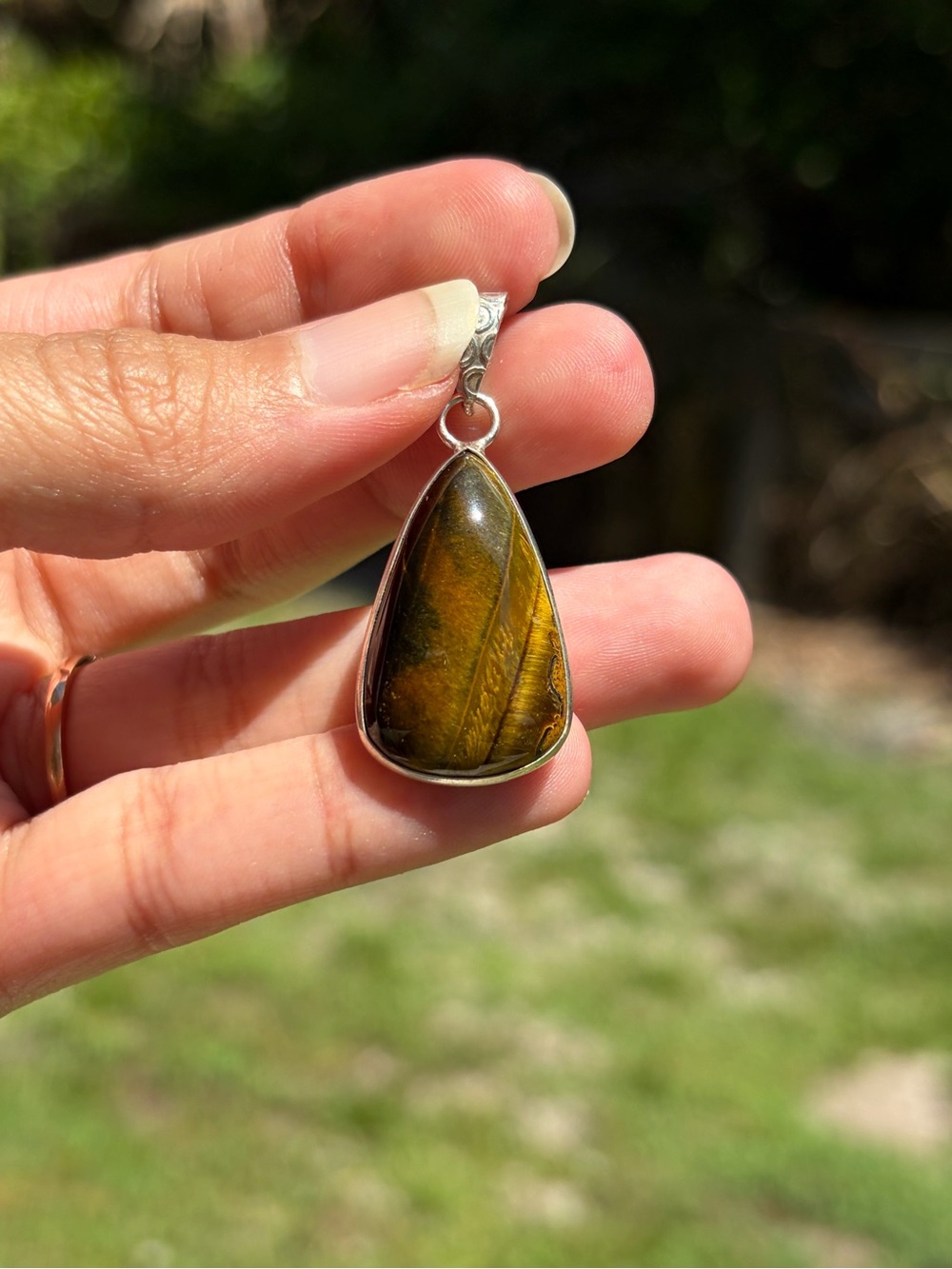 Tear Drop Tiger Eye Pendant in Golden Brown Sterling Silver